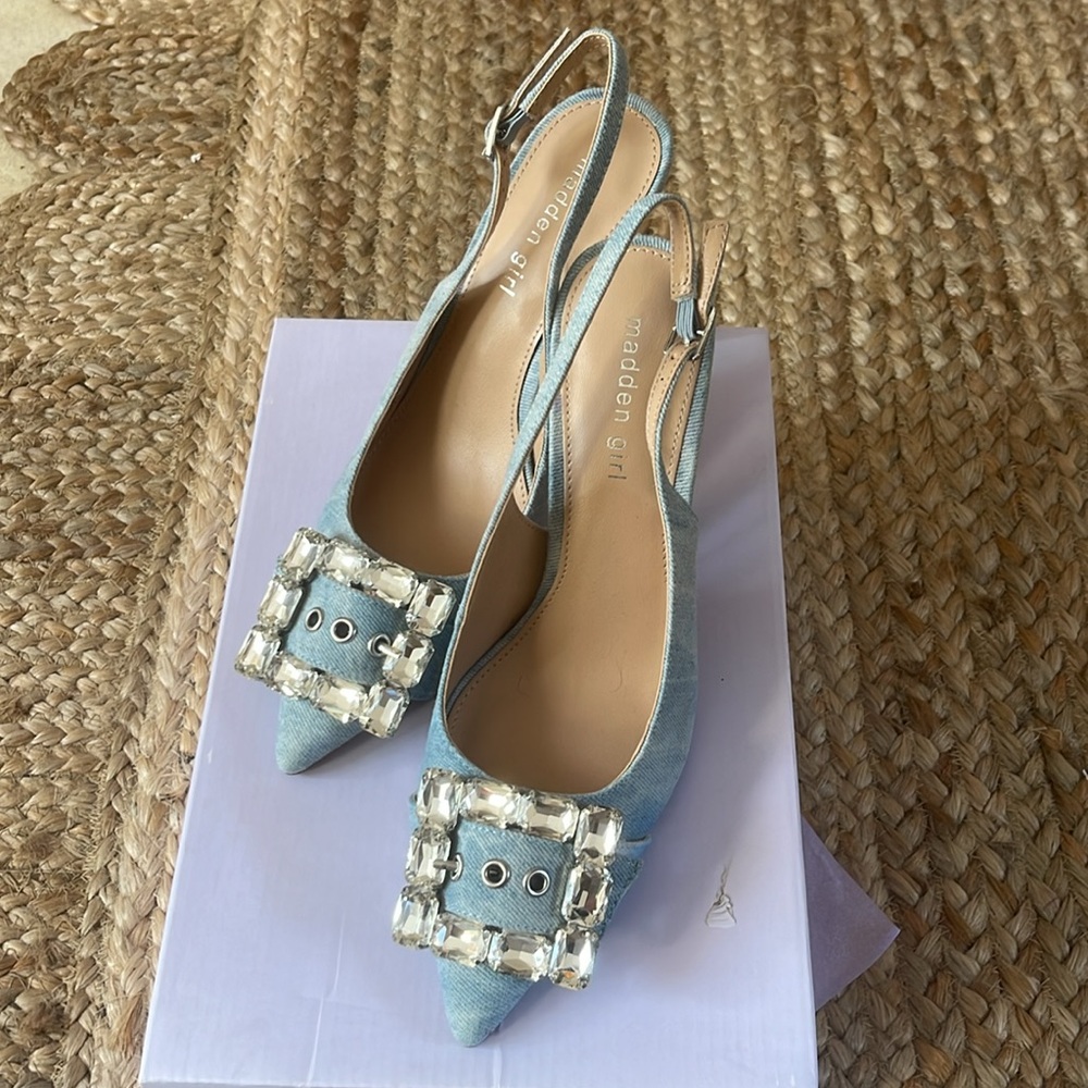 Sexy Chambray Steve Madden Girl ChaCha Denim heels embellished rhinestone buckle